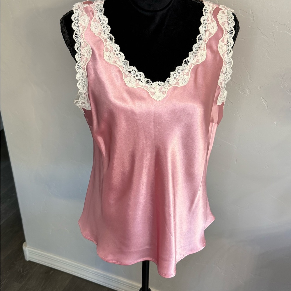 Y2K Dialogue Satin Tank in Pink with White Lace Trim. Size Large